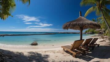 ai generado hermosa panorámico naturaleza. tropical playa como verano isla paisaje con sillas paraguas palma hojas calma mar costa, costa. foto