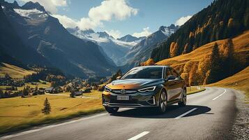 ai generado coche en el camino, increíble Suiza montaña antecedentes foto