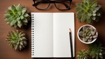 AI generated Business concept. Top view of empty notebook, laptop, cup of coffee, succulent plant ans eyeglasses over light desk. photo