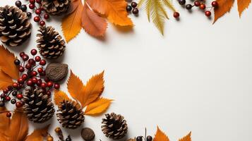 ai generado otoño hojas con pino conos y bayas y un sábana de pergamino papel en un oscuro gris antecedentes desde arriba. con espacio para texto. foto