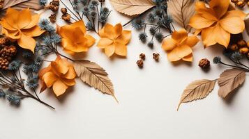 AI generated Autumn leaves and a sheet of parchment paper on a white background from above. With space for text. Minimal Thanksgiving and Halloween Seasonal Design Art. photo