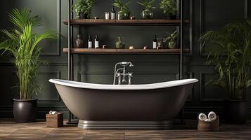 ai generado interior de moderno baño con verde paredes, de madera piso, cómodo bañera y doble lavabo con espejo foto