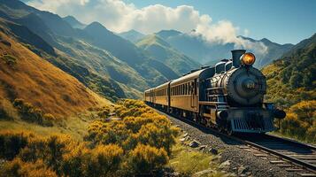 ai generado tren en el ferrocarril, increíble montaña antecedentes foto