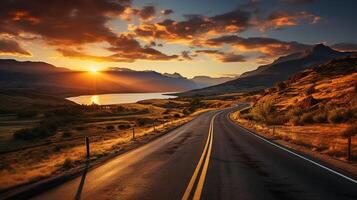 AI generated Scenic curved highway asphalt road with golden sky and mountain in the sunset photo