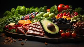 ai generado principios y reglas de un sano estilo de vida con apropiado nutrición equilibrado dieta vegetariano vegetales frutas ceto cetosis foto