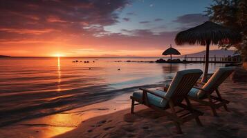 ai generado hermosa panorámico naturaleza. tropical playa puesta de sol como verano isla paisaje con sillas paraguas palma hojas calma mar costa, costa. foto