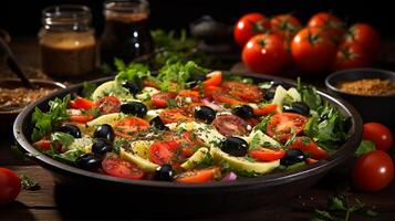 ai generado Fresco ensalada con orgánico vegetales y negro aceitunas foto