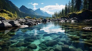 AI generated Awesome nature landscape. Beautiful scene with high Tatra mountain peaks, stones in mountain lake, calm lake water, reflection, colorful sunset sky. photo