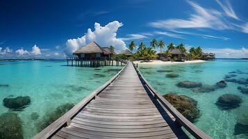 ai generado increíble soleado panorama a Maldivas. lujo recurso villas marina con aumentar arriba colores, azul mar cielo, fantástico embarcadero. Perfecto verano vacaciones fiesta antecedentes. foto