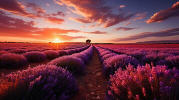 AI generated Wonderful scenery, amazing summer landscape of blooming lavender flowers, peaceful sunset view, agriculture scenic. Beautiful nature background photo