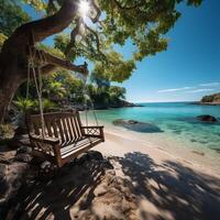 ai generado tropical playa paraíso como verano paisaje con playa columpio o hamaca y blanco arena, calma mar sereno playa. lujo playa vacaciones verano día festivo. foto