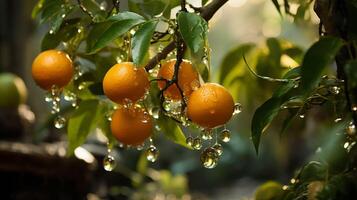 ai generado el naranjas son colgando en un árbol en el jardín antecedentes foto