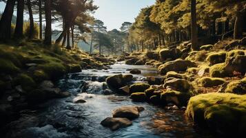 AI generated Beautiful close up ecology nature landscape with mountain creek. Abstract long exposure forest stream with pine trees and green foliage background. photo