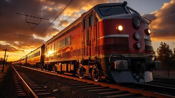 ai generado tren en el ferrocarril, puesta de sol antecedentes foto