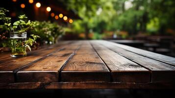 AI generated Empty wooden table, Green bokeh background photo