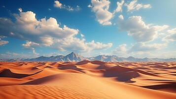 AI generated Beautiful landscape of desert dunes mountains with bright clouds sky. Minimal nature background. photo