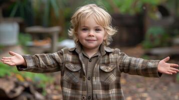 AI generated Happy toddler with open arms in nature wearing plaid jacket photo