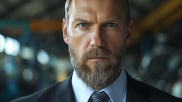 AI generated Confident businessman in a suit with a beard at an industrial site photo