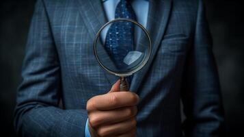 AI generated Businessman holding magnifying glass over tie, concept of detailed analysis photo