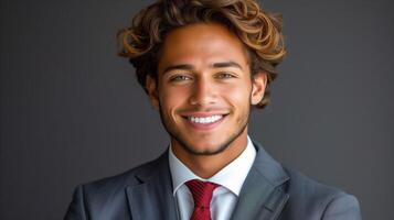 ai generado confidente joven empresario con un encantador sonrisa retrato foto