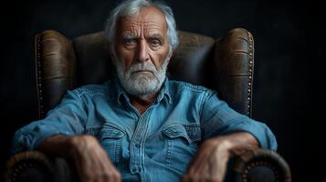 AI generated Pensive senior man in blue shirt seated in leather armchair photo