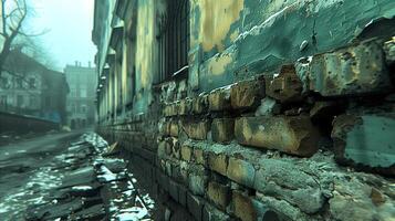 ai generado antiguo resistido pared en un solitario ciudad calle en brumoso clima foto