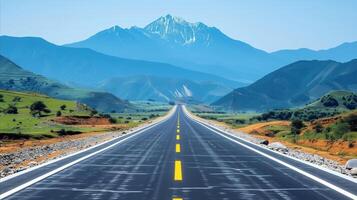 AI generated Scenic open highway leading towards majestic snow-capped mountains photo