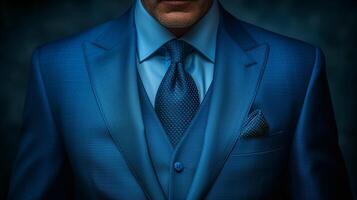 AI generated Close-up of a man in elegant blue suit with tie and handkerchief photo