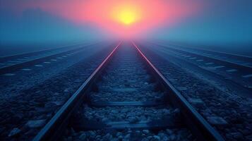 AI generated Sunset View Over Railway Tracks in a Misty Evening photo