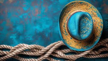 AI generated Straw Hat Resting on Twisted Rope Against a Blue Textured Background photo