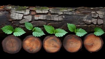 AI generated Forest Log Cross-Section With Wild Strawberry Leaves photo