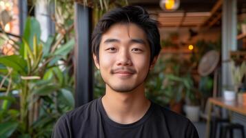 AI generated Young asian man smiling in a cozy cafe environment photo