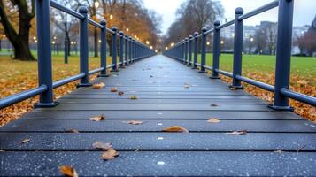 AI generated Empty park bridge with autumn leaves on a rainy day perspective photo