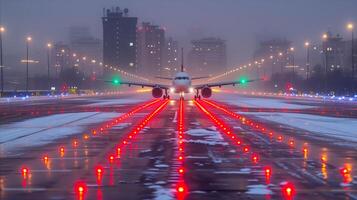 ai generado comercial avión en Nevado pista a oscuridad foto