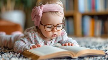 ai generado adorable bebé con lentes enfocado en leyendo un grande libro adentro foto