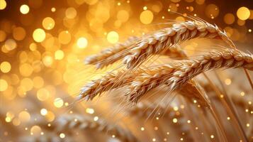 AI generated Golden Wheat Close-Up With Sparkling Bokeh Background photo