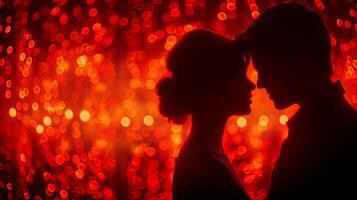 ai generado silueta Pareja en contra un espumoso rojo bokeh antecedentes foto