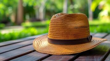 ai generado Paja sombrero descansando en un de madera mesa en al aire libre ajuste a tiempo de día foto