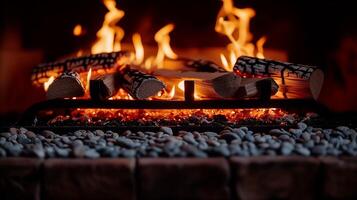 AI generated Cozy fireplace with burning logs and warm glowing embers at home photo