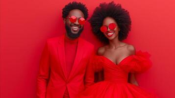 AI generated Stylish couple in red outfits and heart-shaped glasses on red background photo