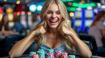 AI generated Happy woman winning at casino, excitement, gambling with poker chips photo