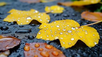 ai generado grupo de amarillo hojas con agua gotas foto