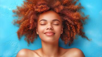 AI generated Serene young woman with curly red hair enjoying peaceful moment photo