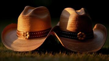 ai generado dorado hora Paja vaquero sombreros en césped foto