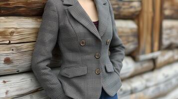 AI generated Woman in Stylish Grey Blazer Leaning Against Wooden Logs photo