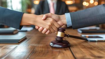 AI generated Professional handshake over gavel in a legal setting, concept of law and agreement photo