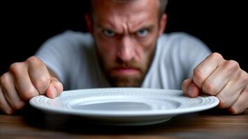 ai generado frustrado hombre con vacío plato expresando hambre o dieta concepto foto