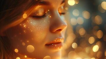 ai generado de cerca de un mujer con Brillantina maquillaje y dorado bokeh luces foto