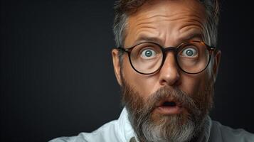 AI generated Shocked middle-aged man with glasses on dark background, surprise concept photo