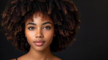 AI generated Portrait of a Young Woman With Curly Hair Against a Black Background photo
